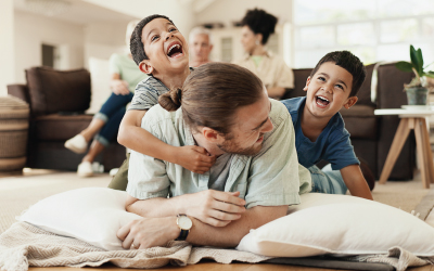 Funny, playing and father with children on floor