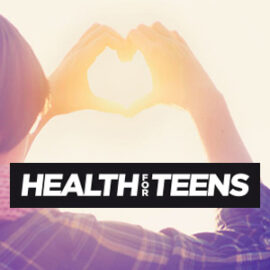 two hands forming a heart shape with a banner saying health for teens underneath them