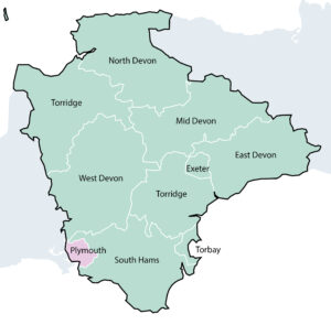 Option 1 - A two unitary model for Plymouth and Devon - map showing boundaries for Devon and Plymouth