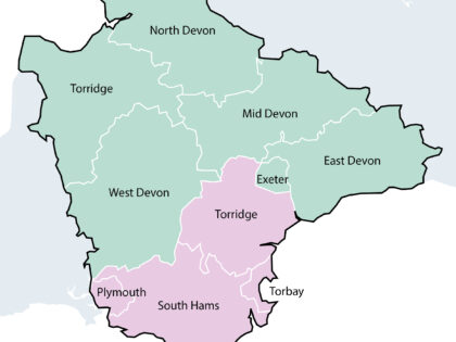 Option 2 - A two unitary model based on north and south areas of Devon - A map showing the north and south areas of Devon