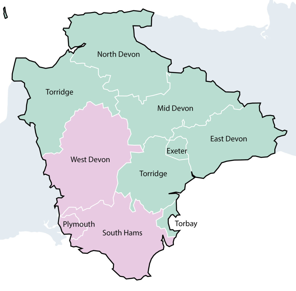 Option 3 - A two unitary model based on South West Devon and North East Devon- a map showing the south west and north east areas of Devon