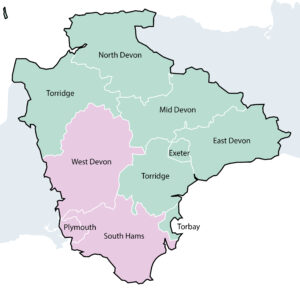 Option 3 - A two unitary model based on South West Devon and North East Devon- a map showing the south west and north east areas of Devon