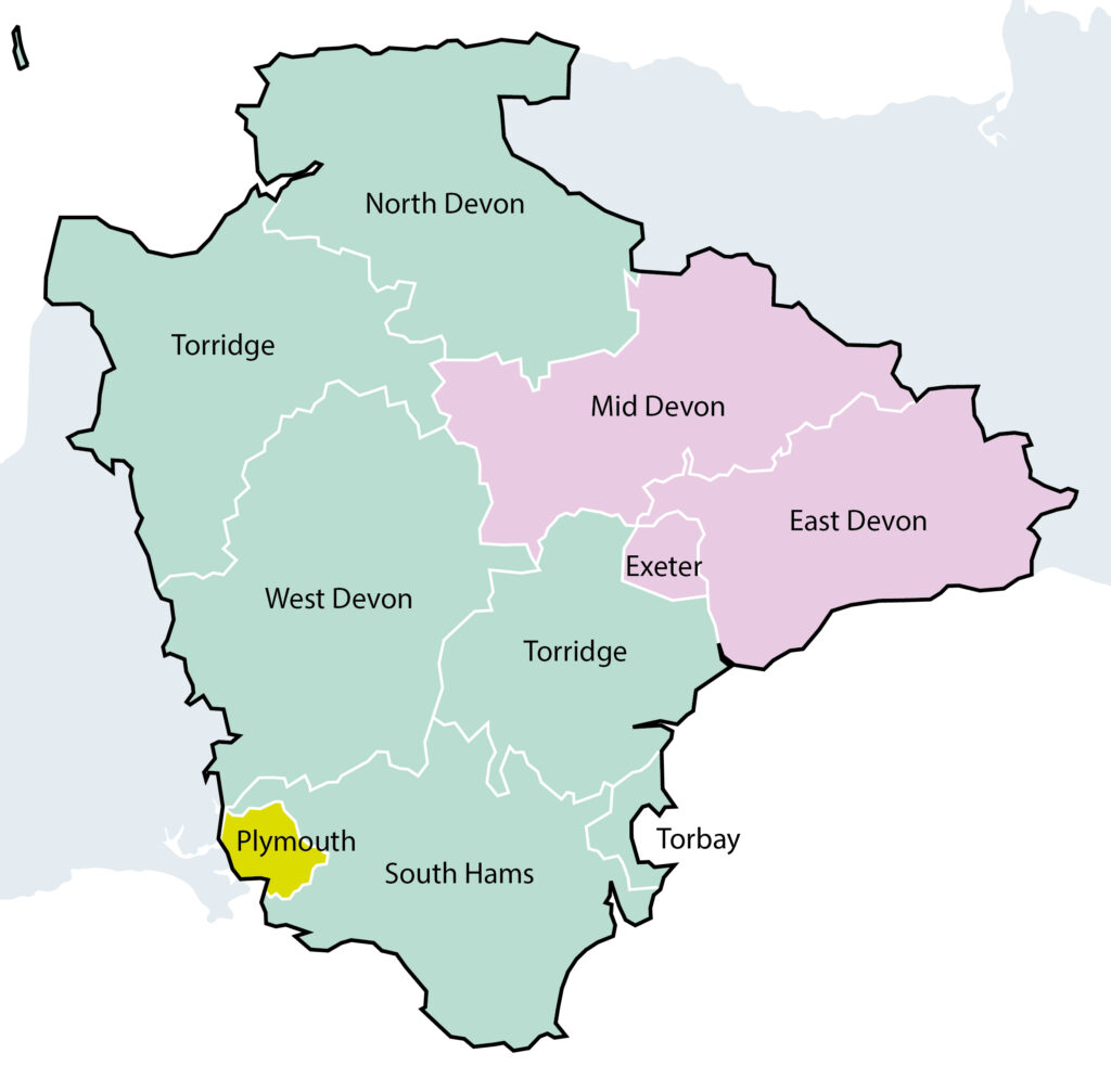 Option 4 - A three unitary model of Plymouth, Greater Exeter and the rest of Devon - A map showing the 3 unitary areas