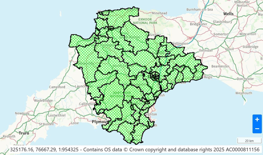 A graphical map of 58 electoral divisions in the Devon County Council administrative area