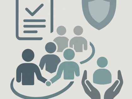 Image showing people working together, a shield, a person being supported in cupped hands and a tick checklist all representing working together to safeguard someone.