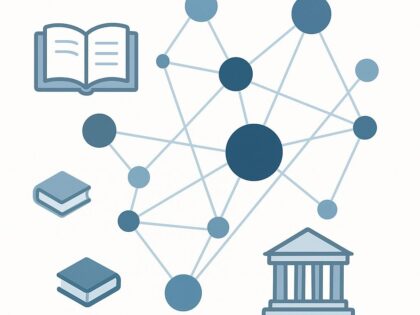 An image showing a network chart with books and a government style building representing connected organisational learning.