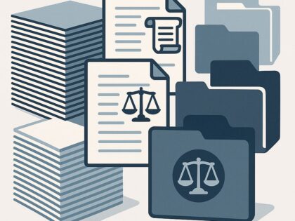 An image showing stacks of documents and folders, some with balance scales on representing legal documents and government legislation.