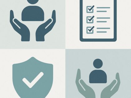 Tiled image showing a person being supported in cupped hands, a checklist and a tick within a shield all representing safeguarding.