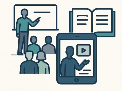 An image showing an open textbook, a trainer presenting to a class of students and an online class being delivered on a tablet screen to represent professional training.
