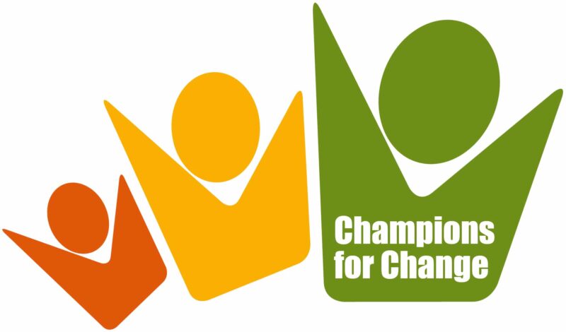 champions for change logo three people with their hands up