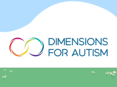 The logo of Dimensions for Autism, featuring the rainbow infinity sign and their name. It's in an illustration of a cloud and some grass with daisies