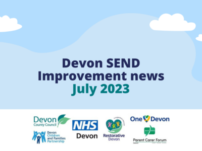 Blue shapes behind text that reads 'Devon SEND Improvement news - July 2023'. The bottom of the image has the logos for Devon County Council, NHS Devon, Parent Carer Forum Devon, Devon Children and Families Partnership, Restorative Devon and One Devon.