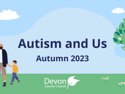 Illustration of a family with a small boy walking in a park. Text reads "Autism and us: autumn 2023".