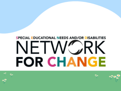 The Network for Change logo. It reads 'special educational needs and disabilities - network for change'. The O in network is formed of two hands circling each other.
