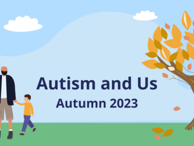 Illustration of a family walking in a park in autumn. Text reads 'Autism and Us - Autumn 2023'