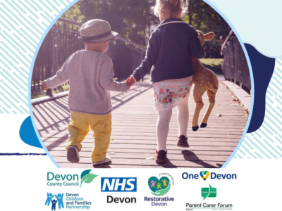 Two children holding hands as they walk over a bridge in sunlight. There are also the logos of the partners in the Devon SEND offer.