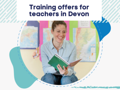 Text reading 'training offers for teachers in Devon' over an image of a women teaching