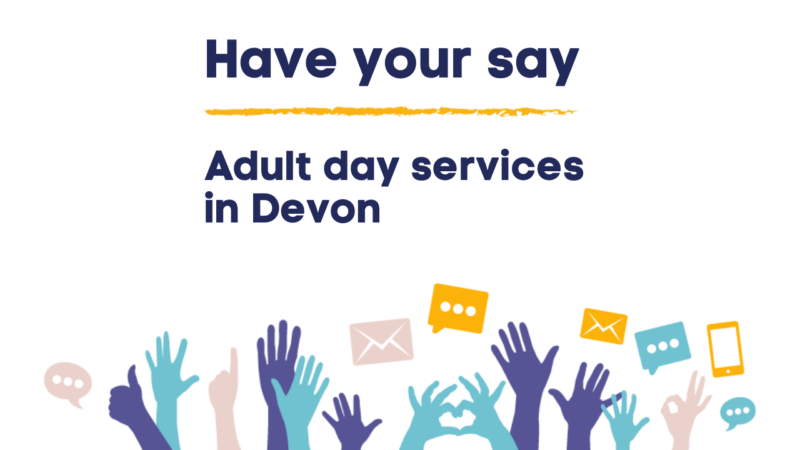 Illustration of hands raised up, with text reading 'have your say - adult day services in Devon.