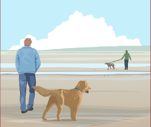 Drawing of dog walkers on a beach