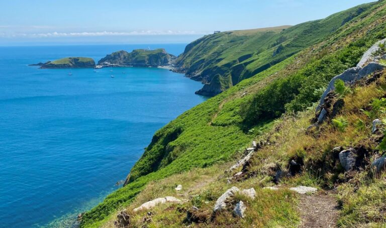 Image shows Lundy coastline curving round from right to left with calm blue sea on left side. The photo has been taken from a narrow dirt path that is partially visble as it follows the steep, rocky coastline along high, rocky cliffs that drop sharply into the sea. The tops of the cliff are a vivid green (bracken) with no trees in sight. In the distance a port and beach is just about visible with a middling sized sail boat in front of large rocky outcrops coming out of the sea at the coastlines end.