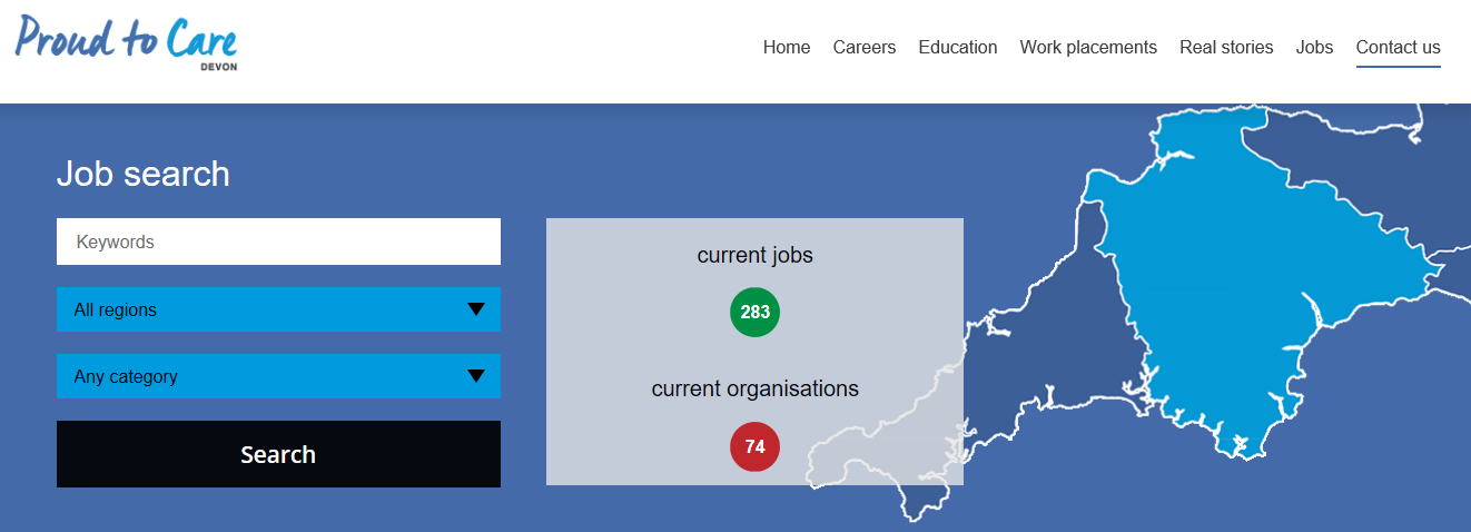 Proud to Care website screen-shot of job search page view