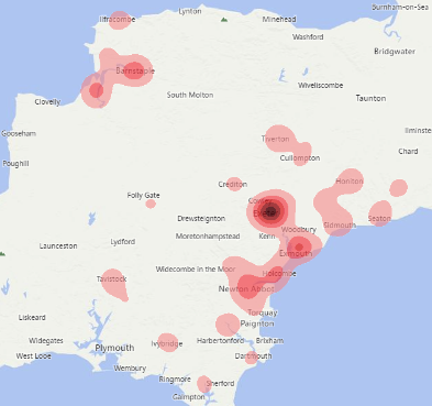 The map of Devon shows more carers are known to Devon County Council in Exeter and the surrounding area; and also around Newton Abbot, Teignmouth/Dawlish and Barnstaple/Bideford.