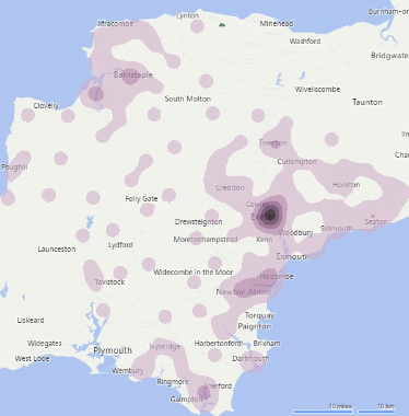The map of Devon shows more carers identified in the 2011 UK Census to be in Exeter and the surrounding area - but the surrounding area is much wider than figure 6; and also around Newton Abbot, Teignmouth/Dawlish and Barnstaple/Bideford and surrounding areas.