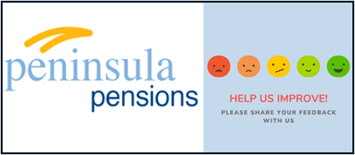 The Peninsula Pensions Logo, along with an assortment of emoji faces from very sad, to very happy, asking for customer feedback.