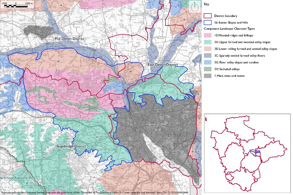 Devon Character Area 26 Exeter Slopes and Hills Map. The area covers four districts: Exeter City, Teignbridge, Mid Devon and East Devon. The area also has Component Landscape Character Types: 1E Wooded ridges and hilltops; 3A Upper farmed and wooded valley slopes, 3B Lower rolling farmed and settled valley slopes, 3C Sparsely settled farmed valley floors, 3G River valley slopes and combes, 3H Secluded valleys and 7 Main cities and towns.
