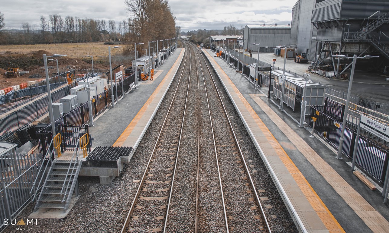 New train station at Marsh Barton. Image taken standing on bridge looking down at the new tracks and platform.